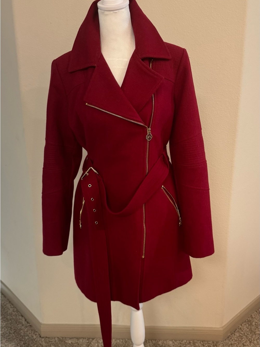 Michael Kors Burgundy Asymmetric Zip Trench Coat